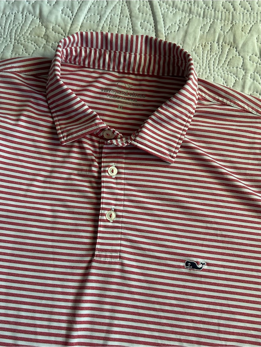 Vineyard Vines Red & White Striped Performance Polo with Whale Logo